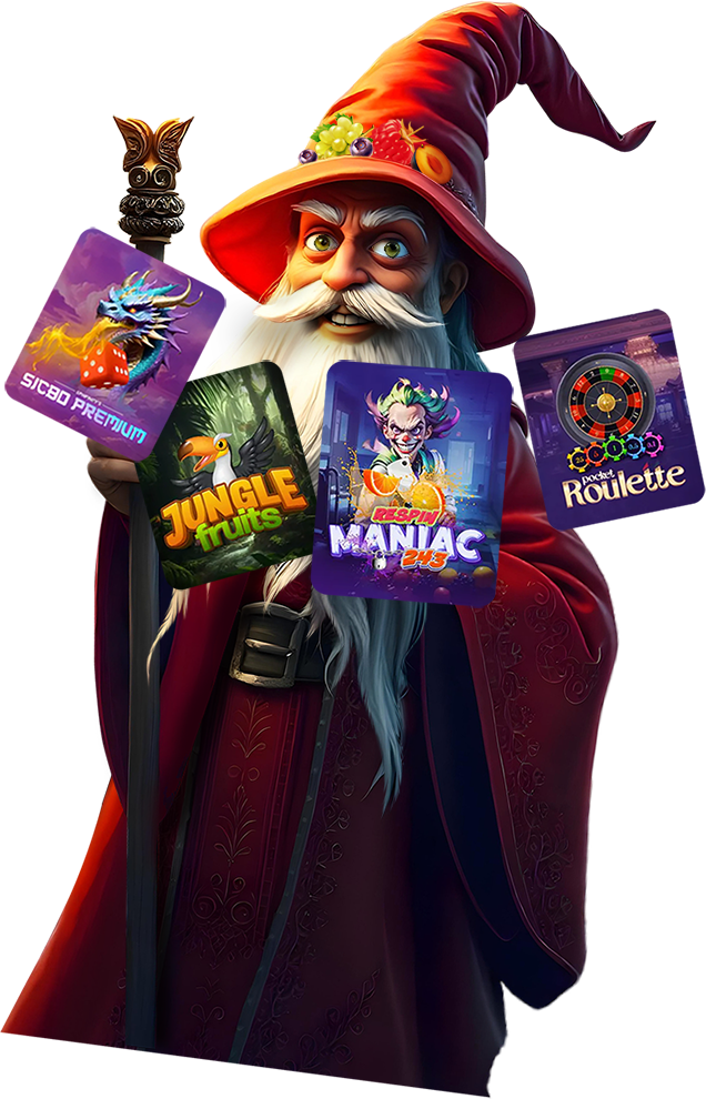 Spinfinity wizard holding slot game cards — Sicbo Premium, Jungle Fruits, Maniac and Pocket Roulette